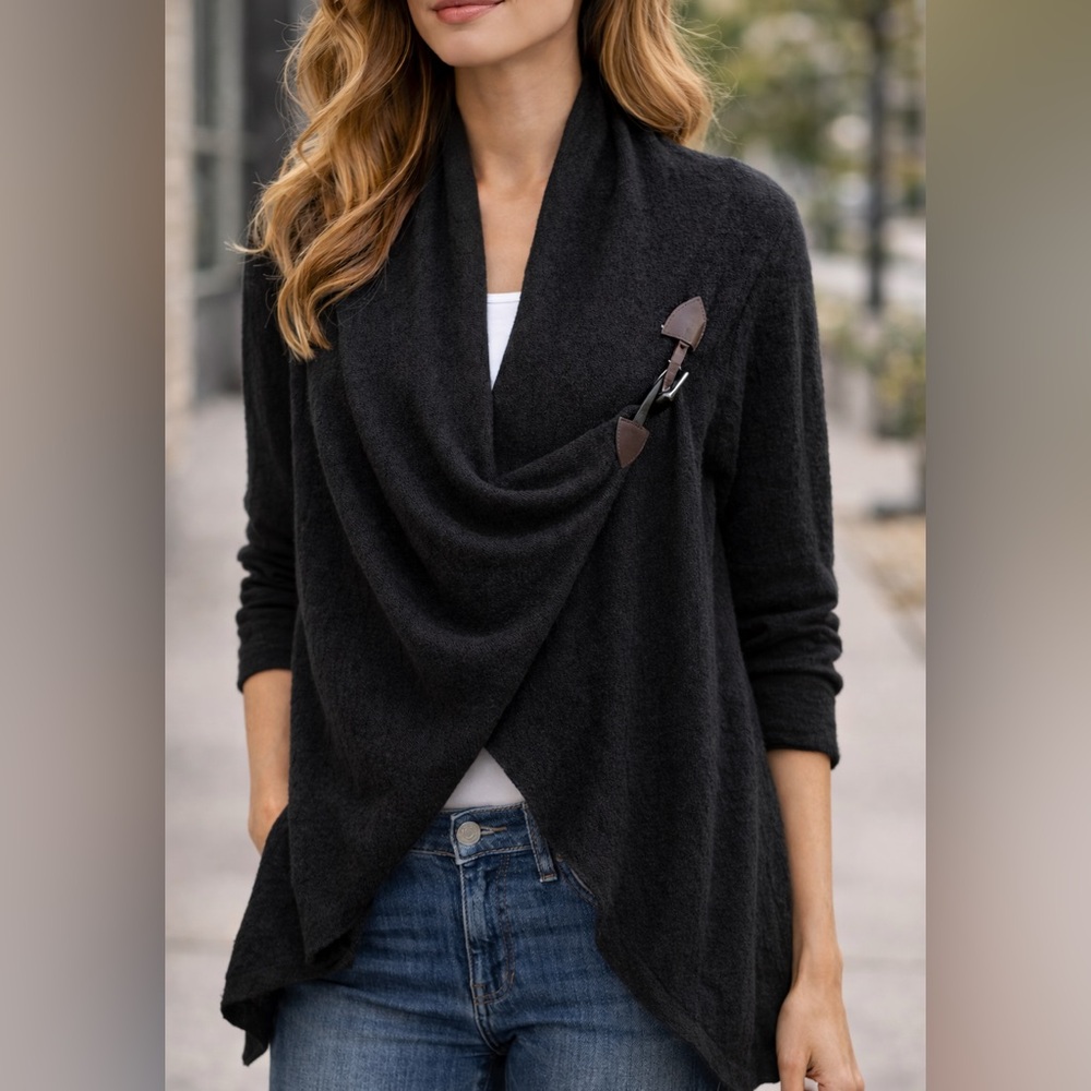Neiman Marcus 100% Cashmere Drape Front Wrap Cardigan Black Toggle Closure